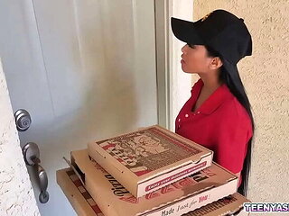 Two horny teens order pizza and fuck sexy Asian delivery girl Ember Snow