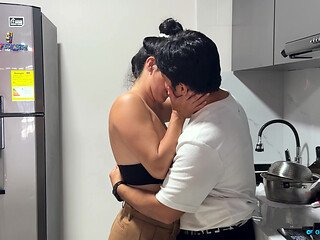 Passionate sex in the kitchen with a beautiful Latin wife with pink pussy!