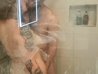 Shower Sex Against the Big Steamy Glass Panel