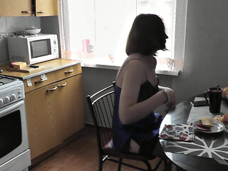 Cute Girl. Sexy Assol in Erotic Lingerie Peignoir Stockings Makes Coffee in Kitchen. Fetish. Erotica of Beautiful Woman. Perfect