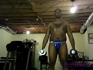 Sweaty jock jerking huge cock after workout