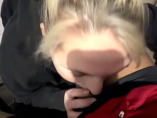 Sneaky Petite Blonde Sucking Cock in the Garage