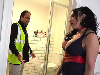 Hot British MILF Gets Deep Throat Blowjob from Plumber - Big Fake Tits & Squirting Action