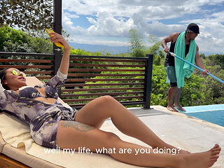 Huge Breasted Latina Brunette Can't Resist Fucking Big Black Cock Guy by the Pool.