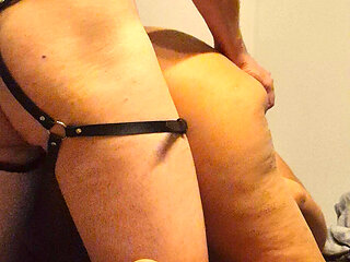 fucking from behind doggy style with a collar and cumshot on the ass