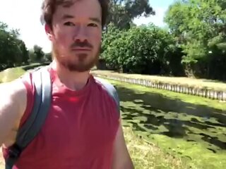 Risky naked walk along the canal!