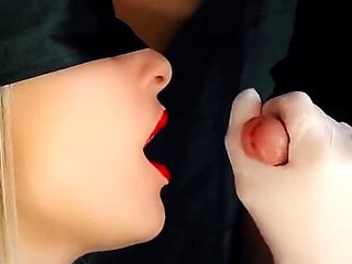 Fantastic Blowjob with Red Lipstick to Pulsating Oral Creampie! Pulsating Cum in Mouth