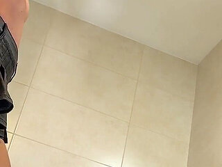 Hot Sexy All Natural Big Tits Big Ass Beauty Flashes Her Pussy Under Miniskirt in the Bathroom and Masturbates