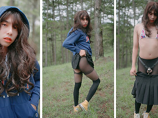 Asian Sissy Chastity and Pantyhose Outside