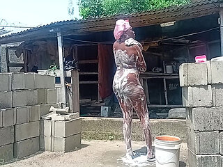 Sexy Village Girl Bath Outside the Compound