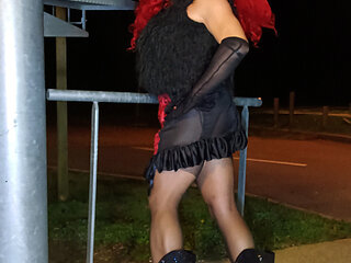 A sexy slut mature crossdresser pees in her panties and cum at emergency  exit of the hotel