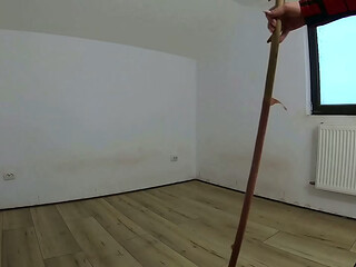 Nympho Maid Masturbates with Broom &amp_ Mop While Cleaning an Abandoned House