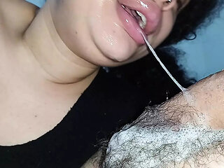 THIRSTY AND DEEP THROAT, slut loves to roll her little mouth on the stalk of his hard cock