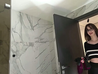 New secretary tall sexy horny brunette babe in glasses in the bathroom poses for many cameras