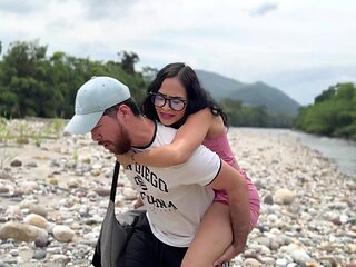 Stepdaughter In Pink Dress Gives Sloppy Outdoor Blowjob To Stepdad In Woods