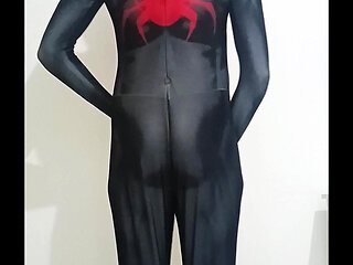 Fun at home wearing amy Spiderman Miles Morales Zentai costume with socks