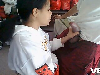 Intense role play with an ebony beauty giving a harsh blowjob and gagging on a big dick