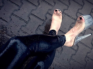 best rain outfit - latex leggings and transparent high heels