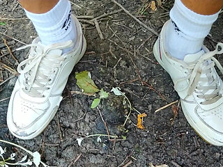 Piss and Cum - Cleaning Used White Sneakers with Pee and Cum and Pee Again in the Garden