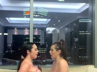 Two sexy brunette lesbians licking each others pussies