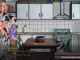 The landlord looks up Jenny'_s skirt as she dusts the refrigerator.