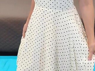 White Dress with Black Polka Dots & Black and Wood High Heels