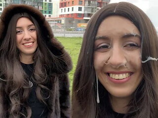 Girl in Fur Coat Thanks Guy for Helping with Broken Car and Lets Him Cum on Face