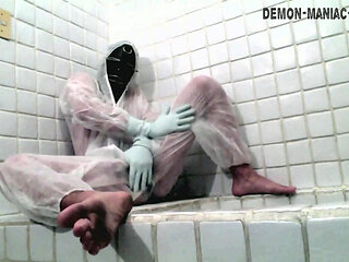 Masked Femboy in Suit Pees Itself and Cums