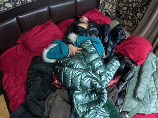 Shiny Downjacket Fetish MILF. Multiple Jackets, Rough Fuck and Cum All Over My Coat
