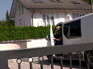 Sexy blonde with nice pussy gets fucked by the car in the garage