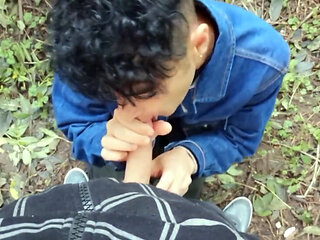 Twink on His Knees Sucks Dick and Gets Cum on Face and Mouth