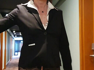 With open panties in the hotel corridor