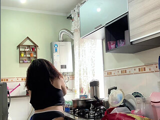 Chubby Latina Cooking in Panties Shirt Big Ass Fat Belly Jiggle