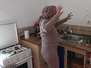 Turkish maid is SHOCKED when I pull out my big cock in the kitchen.
