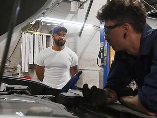 Hot men share the garage for rough gay anal sex