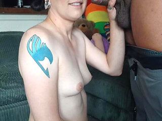 Pretty trans girl gives incredible blowjob and gets cum on her titties