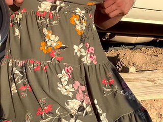 Horny Slut in Sundress Jerks off and Cums in Backyard
