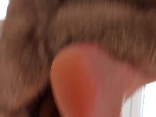 Fur Coat Footjob & Cowgirl Ride - Huge Cum Blast on Green Glitter Long Toenails