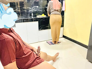 Hijab Maid with Big Ass Catches Boss Jerking Off in Kitchen - Nadalyne Homemade