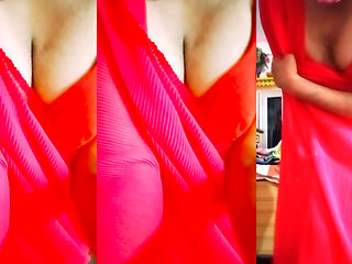 Indian Gay Bottom Crossdresser Gaurisissy Pressing Her Big Boobs in Pink Saree xxx real sex