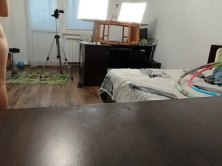 Sexy Wife Workout at Home Naked. Sexy Brunette Tries on Pantyhose