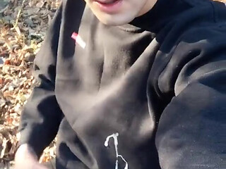 Huge Cumshot on Black Shirt in the Park