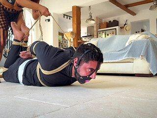 Latina Finds Every Tickling Spot on Her Sub While He Is in a Strict Hogtie