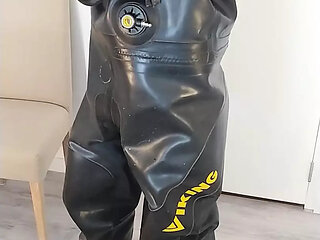 Undressing heavy rubber Viking drysuit dry diving suit, latex gasmask, neoprene hood