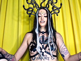Halloween pegging video. Medusa the Gorgon fucks her slave in a chastity belt in the ass with a strap-on.