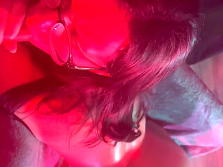 Sucking Dick While I Have a Toy Inside Me with Red and Blue Lighting