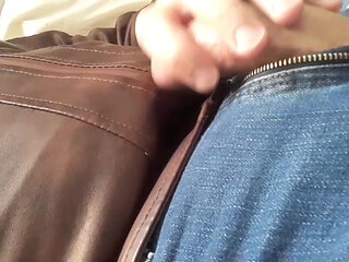 Jerk and cum on new brown leather jacket