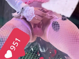 Pink Stocking Lingerie Shemale Riding Black Dildo on the Wall