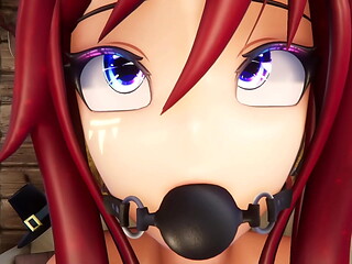 Hentai Vtuber Elfie Love squirts w/ dildo in black latex suit and ball gag (3D / VRCHAT / MMD)