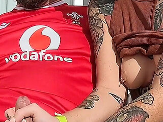 Handjob with Huge Cumshot on the Balcony!